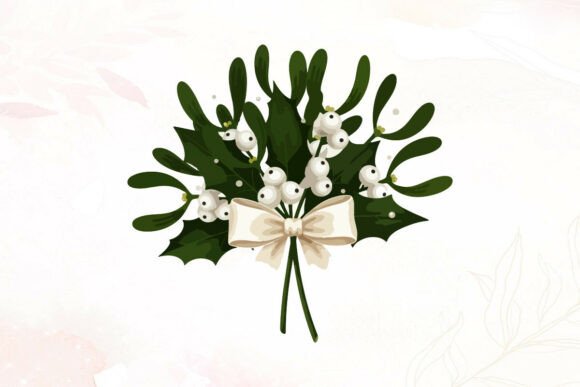 Christmas Mistletoe with White Bow: A Charming Graphic for Illustrations